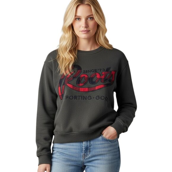 Roots Womens Crewneck Sweatshirt Plaid Raised Lettering Organic Cotton Sz Small - Picture 1 of 11